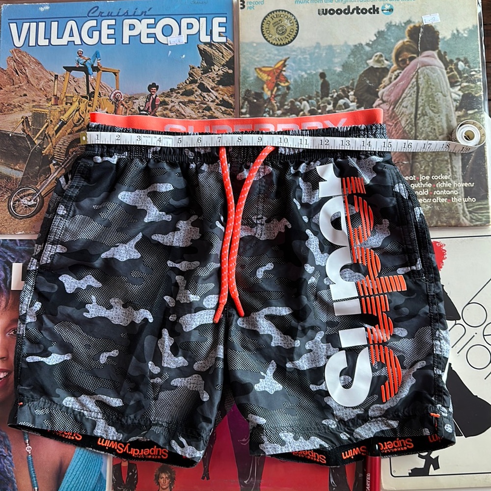 Super dry large drawstring, high waist band, orange, swim trunks with liner